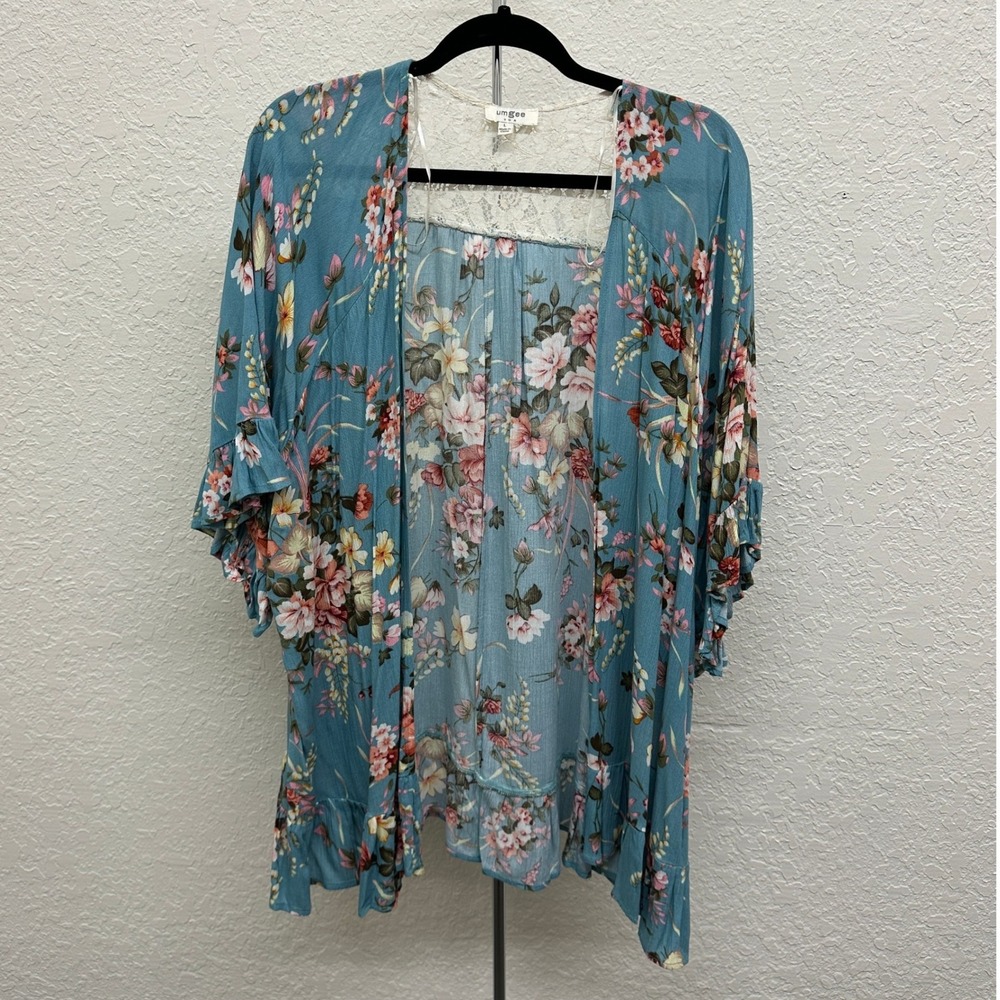 Umgee Floral Lace Back Ruffle Kimono Cardigan Blue Boho A6550 Womens L